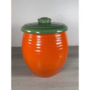 Bauer Pottery Los Angeles Orange Green Ringware Ceramic Cookie Jar Canister Lid